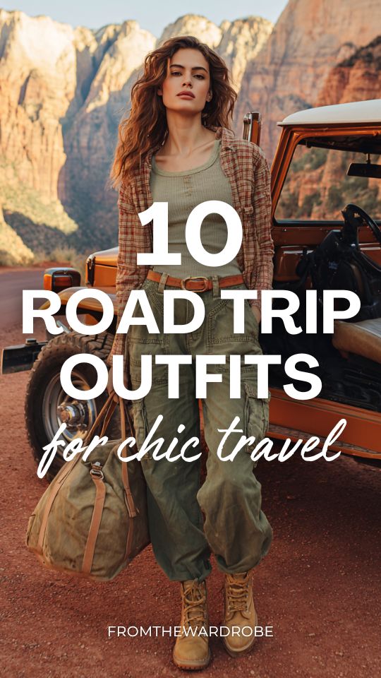 Woman wearing a road trip travel outfit with olive cargo pants, a ribbed tank top, and hiking boots