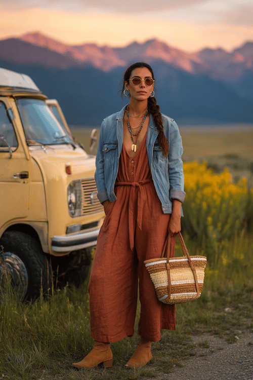 Woman wearing a rust-colored jumpsuit, denim jacket, and ankle boots standing beside a vintage van in a scenic mountain landscape at sunset