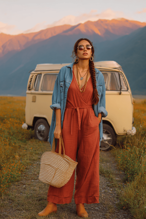Woman wearing a rust-colored jumpsuit, oversized denim shirt, and ankle boots standing in a wildflower field beside a vintage camper van with mountain views at sunset