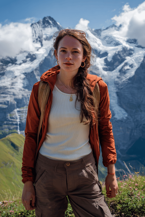 Woman wearing a rust hiking jacket, white ribbed tank top, and cargo pants standing in the mountains with snowy peaks in the background
