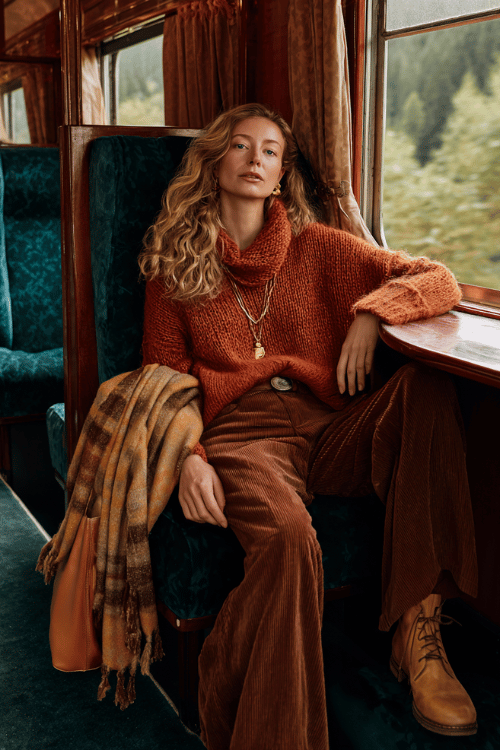 Woman wearing a rust orange chunky turtleneck sweater and brown corduroy pants sitting inside a vintage train carriage during autumn 