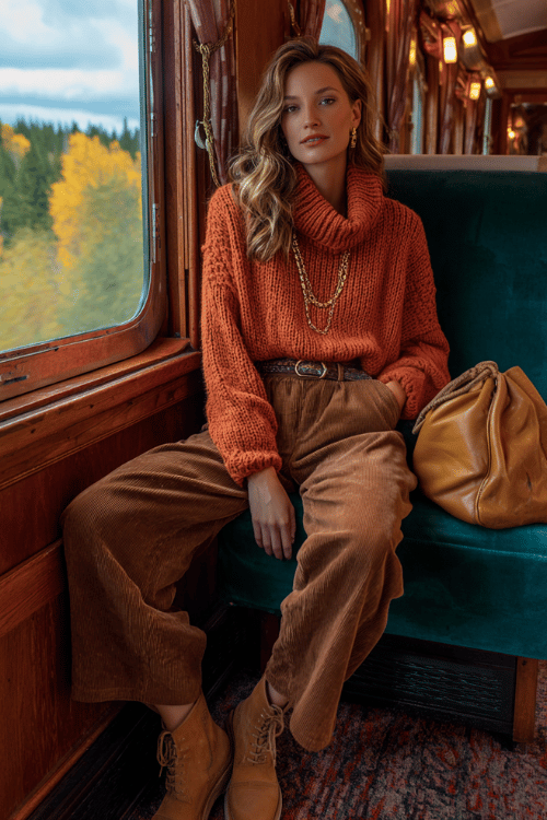 Woman wearing a rust orange chunky turtleneck sweater and brown corduroy pants sitting inside a vintage train carriage during autumn