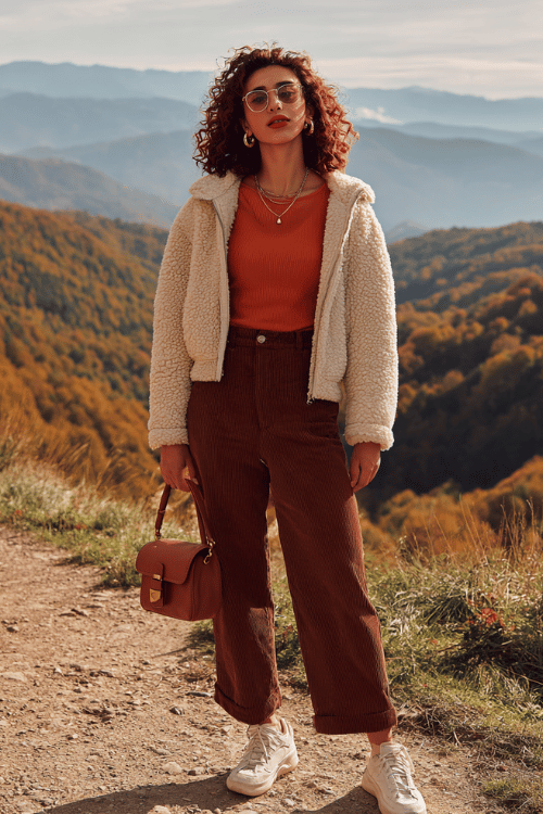 Woman wearing a rust-orange tank top, brown corduroy wide-leg pants, and a cream sherpa jacket at a scenic autumn mountain overlook