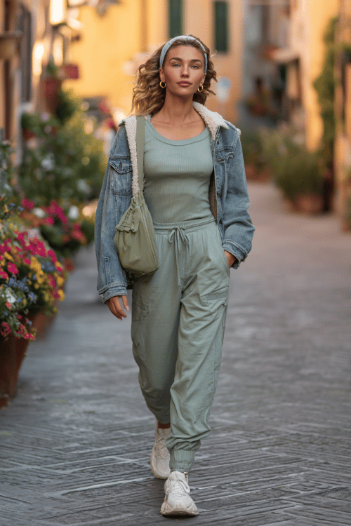 Woman wearing a sage green lounge set with a denim sherpa jacket and sneakers walking down a charming European street
