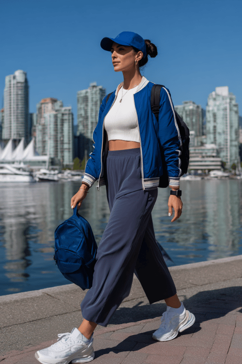 Woman wearing a sporty travel outfit with a white crop top, striped jacket, wide-leg pants, and blue baseball cap walking along a waterfront promenade 