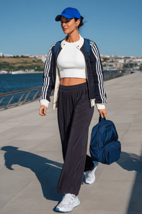 Woman wearing a sporty travel outfit with a white crop top, striped jacket, wide-leg pants, and blue baseball cap walking along a waterfront promenade