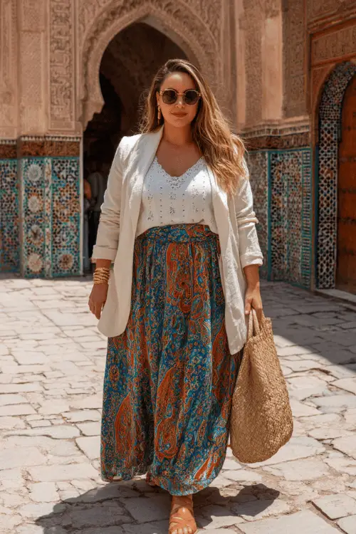 Woman wearing a white blazer, embroidered white blouse, and colorful paisley maxi skirt with sunglasses and a woven tote bag, walking through a historic tiled courtyard