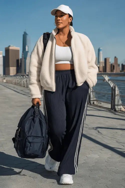 Woman wearing a white cropped top, fleece zip-up jacket, wide-leg track pants, and a baseball cap, walking along a waterfront promenade with a backpack and city skyline in the background 
