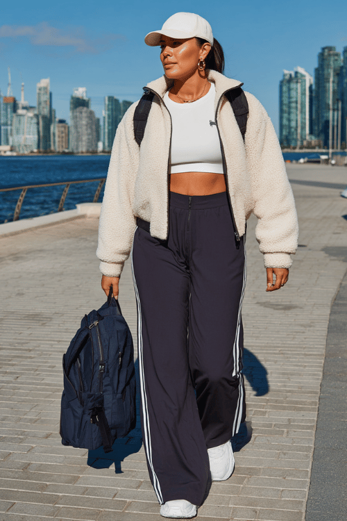 Woman wearing a white cropped top, fleece zip-up jacket, wide-leg track pants, and a baseball cap, walking along a waterfront promenade with a backpack and city skyline in the background