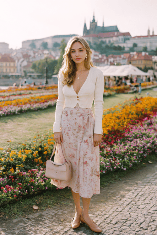 Woman wearing a white ribbed cardigan and floral midi skirt standing in a flower garden with a historic European city in the background