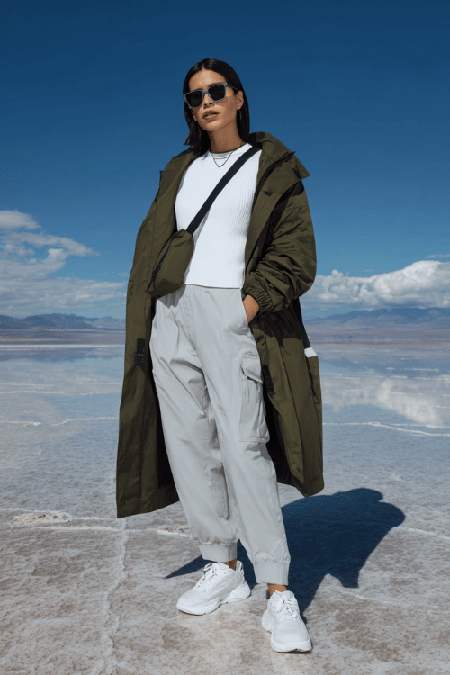 Woman wearing a white ribbed top, gray cargo joggers, and an olive green trench coat standing on a reflective salt flat landscape with sunglasses and sneakers