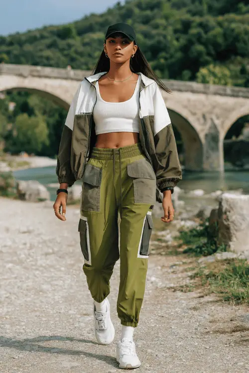 Woman wearing an olive green athleisure travel outfit with cargo joggers, a cropped tank top, lightweight jacket, sneakers, and a baseball cap while walking by a riverside bridge