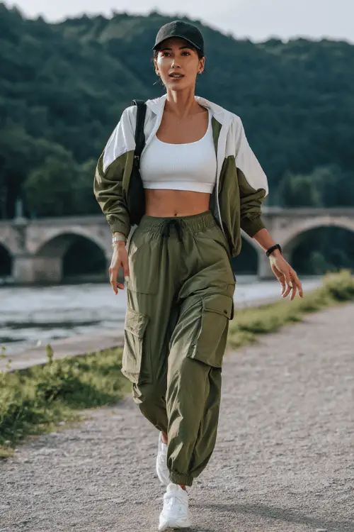 Woman wearing an olive green athleisure travel outfit with cargo joggers, a cropped tank top, lightweight jacket, sneakers, and a baseball cap while walking by a riverside bridge