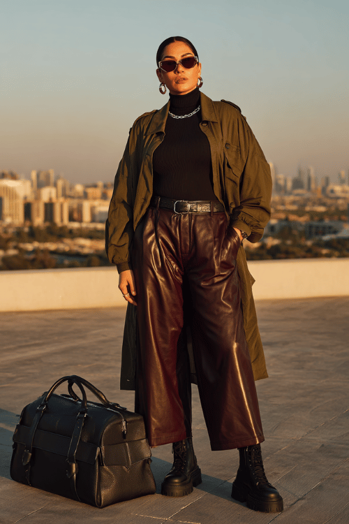 Woman wearing an olive trench coat, black turtleneck, burgundy leather culotte pants, and combat boots with sunglasses, standing on a rooftop with a black travel bag and city skyline in the background