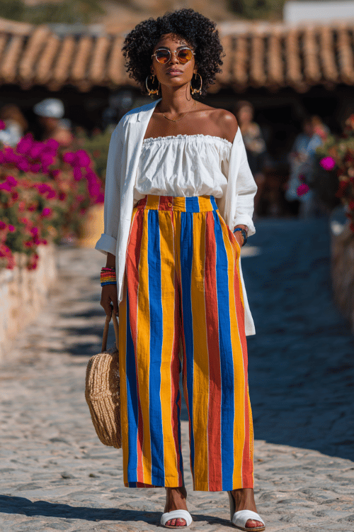 Woman wearing colorful striped wide-leg pants, a white off-the-shoulder top, and a lightweight white shirt walking through a sunny cobblestone street
