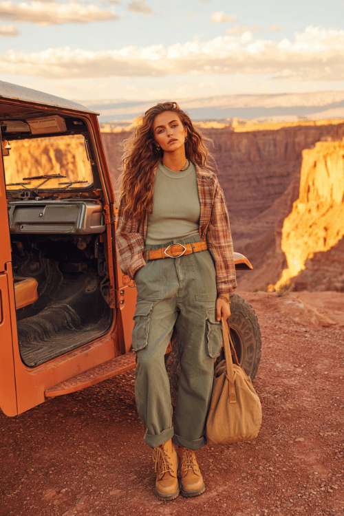 Woman wearing olive cargo pants, a fitted tank top, plaid shirt, and hiking boots standing beside an off-road vehicle at a canyon overlook during sunset