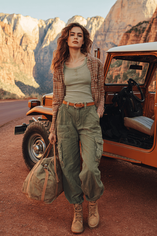 Woman wearing olive cargo pants, a ribbed tank top, and hiking boots standing beside a vintage off-road vehicle in a desert canyon landscape