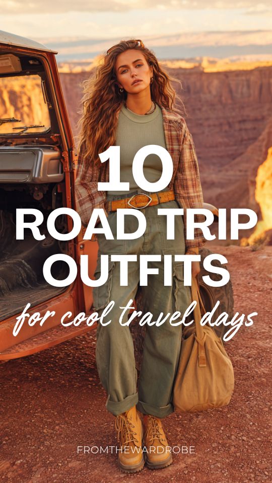 Woman wearing road trip travel outfit with olive cargo pants, a fitted tank top, plaid shirt, and hiking boots