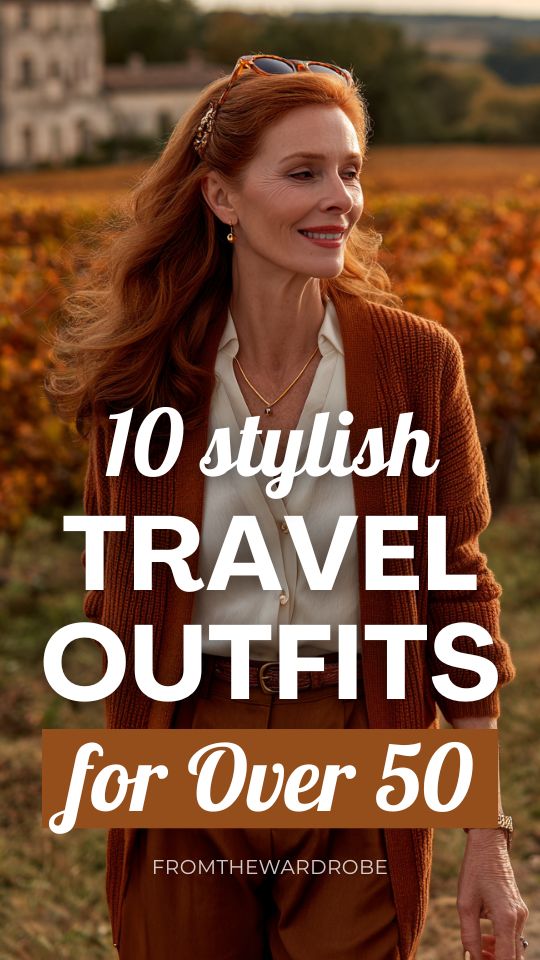 a woman over 50 wears a travel outfit featuring a cream satin blouse tucked into rust tailored trousers