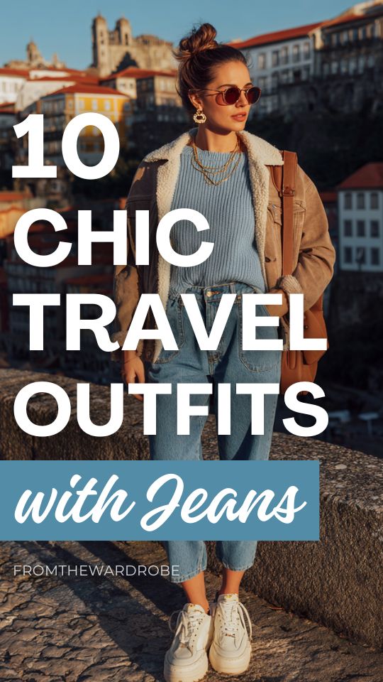 a woman wears a travel outfit with jeans, a light blue knit sweater, shearling-lined jacket, chunky white sneakers, layered gold jewelry, and a brown backpack in a scenic European city setting