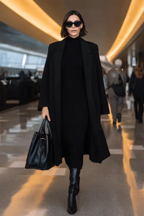 minimalist woman with a sleek precision-cut dark brunette lob haircut worn straight and glossy, wearing an impeccably curated monochromatic all-black airport travel outfit