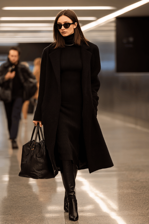 minimalist woman with a sleek precision-cut dark brunette lob haircut worn straight and glossy, wearing an impeccably curated monochromatic all-black airport travel outfit