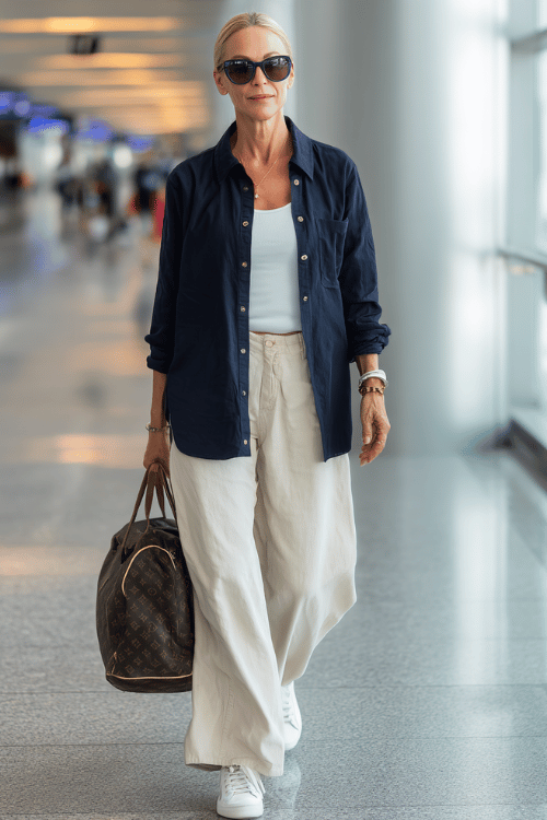 oman over 50 wearing a relaxed navy blue button-up shirt layered over a white fitted tank top with soft beige wide-leg trousers, white leather sneakers, oversized sunglasses
