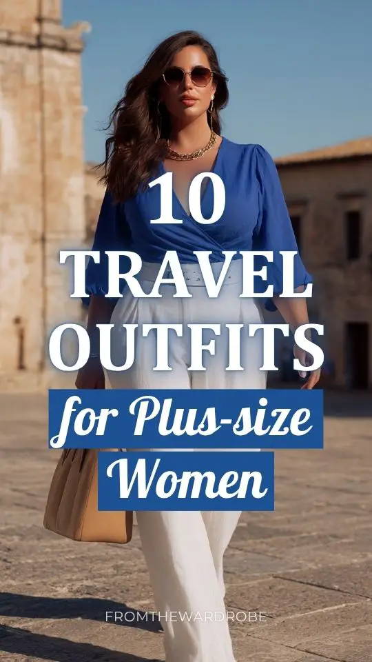 plus-size woman wearing a travel outfit with a royal blue wrap blouse and white wide-leg pants with gold accessories and sunglasses