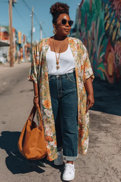 plus-size woman with thick dark natural coils pulled into a voluminous high puff wearing a comfortable yet fashionable casual travel outfit featuring a soft oversized floral printed kimono