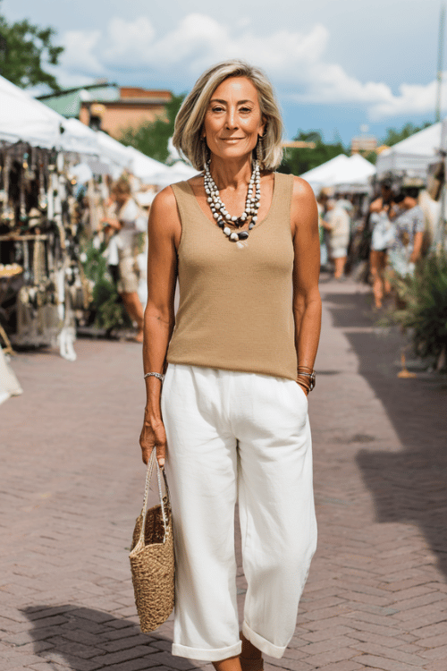 woman over 40 wearing a beige sleeveless knit top with white cropped pants, flat sandals, layered necklaces, and a woven crossbody bag while shopping at an outdoor summer market 