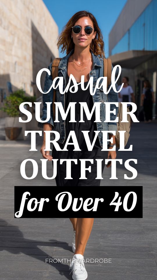 woman over 40 wearing a casual summer travel outfit with a lightweight denim jacket over a black tank dress with white sneakers and a tan backpack