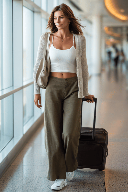 woman over 40 wearing a cropped neutral cardigan over a fitted tank top with olive green wide-leg linen pants, white sneakers, and a structured leather tote 