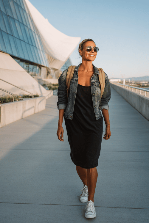 woman over 40 wearing a lightweight denim jacket over a black tank dress with white sneakers and a tan backpack while walking through a modern urban travel destination 