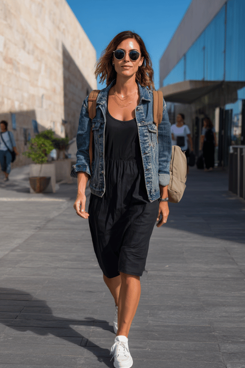 woman over 40 wearing a lightweight denim jacket over a black tank dress with white sneakers and a tan backpack while walking through a modern urban travel destination
