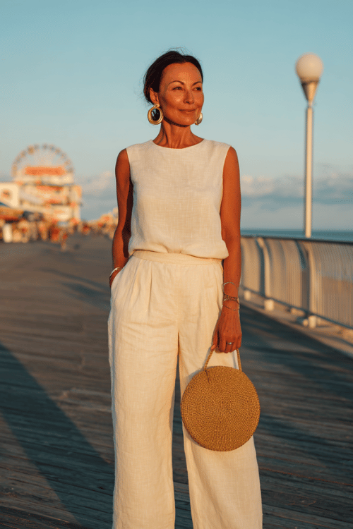 woman over 40 wearing a matching cream linen set with a sleeveless top and relaxed wide-leg pants, paired with flat leather sandals, gold hoop earrings