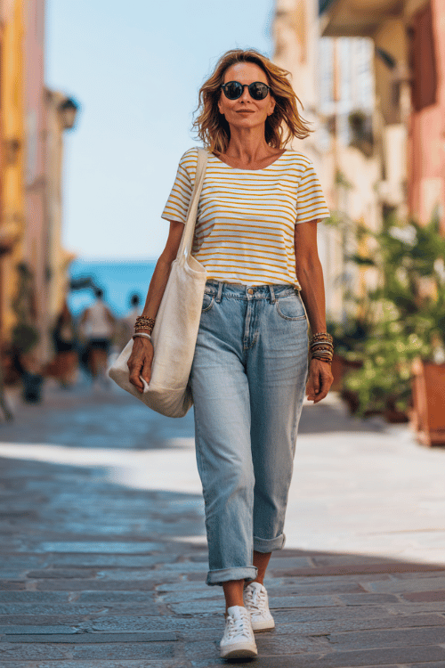 woman over 40 wearing a relaxed striped t-shirt tucked into light wash straight-leg jeans with white sneakers, sunglasses, layered bracelets, and a canvas tote bag 