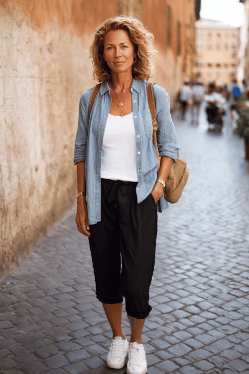 woman over 40 wearing a soft blue chambray shirt layered over a white fitted tank top with black cropped trousers, white sneakers, delicate gold jewelry 