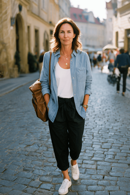 woman over 40 wearing a soft blue chambray shirt layered over a white fitted tank top with black cropped trousers, white sneakers, delicate gold jewelry
