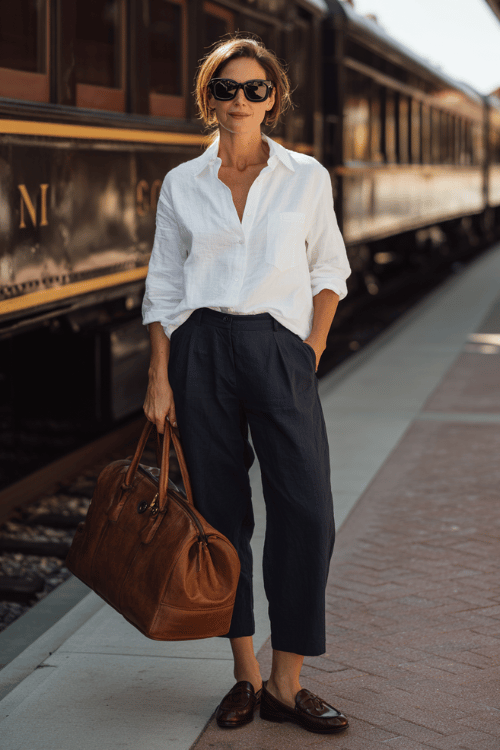 woman over 40 wearing a white linen button-up shirt tucked into navy blue relaxed trousers with brown loafers, oversized sunglasses, and a leather handbag while standing near a scenic train station