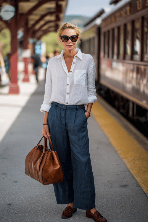 woman over 40 wearing a white linen button-up shirt tucked into navy blue relaxed trousers with brown loafers, oversized sunglasses, and a leather handbag