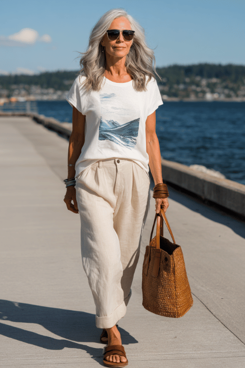 woman over 40 wearing a white relaxed-fit graphic t-shirt tucked into light beige linen wide-leg pants with comfortable leather slide sandals, oversized sunglasses