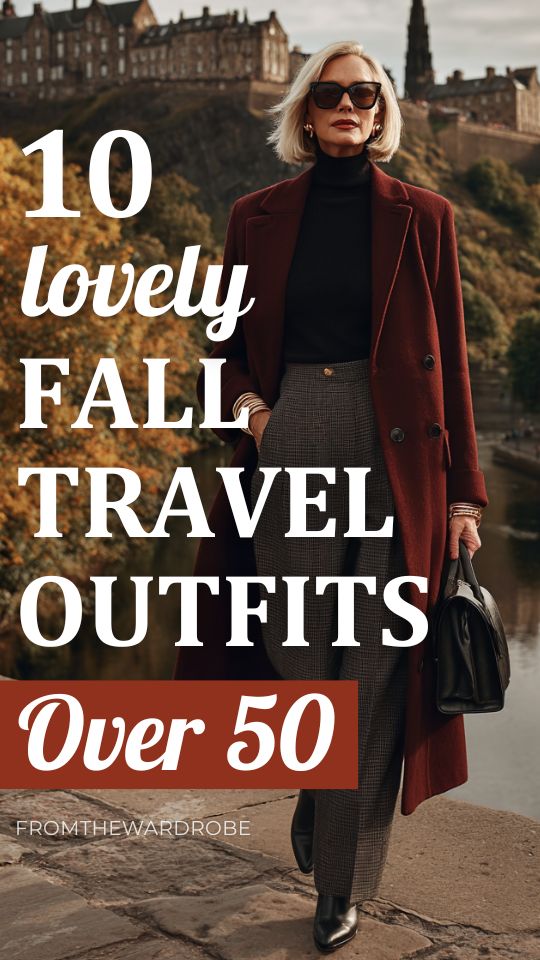 woman over 50 in fall travel outfit with a long burgundy coat, black turtleneck, tailored plaid trousers, black ankle boots