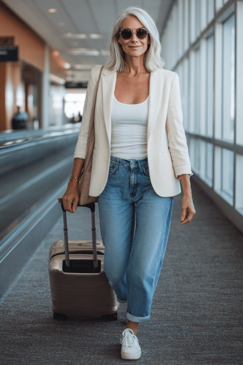 woman over 50 wearing a cream blazer over a fitted white tank top with relaxed blue jeans, white sneakers, oversized sunglasses, and a luxury carry-on suitcase