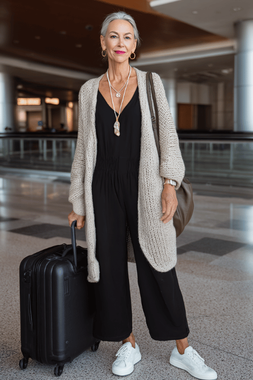 woman over 50 wearing a neutral oversized knit cardigan over a black sleeveless jumpsuit with white sneakers, layered jewelry, and a structured leather tote bag