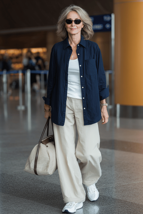 woman over 50 wearing a relaxed navy blue button-up shirt layered over a white fitted tank top with soft beige wide-leg trousers, white leather sneakers