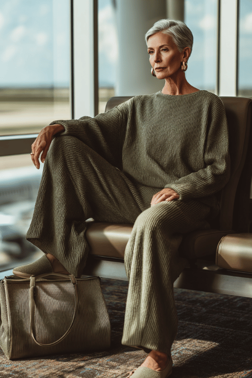 woman over 50 wearing a soft olive green matching knit set with wide-leg pants, comfortable slip-on shoes, gold hoop earrings, and a large tote bag while relaxing