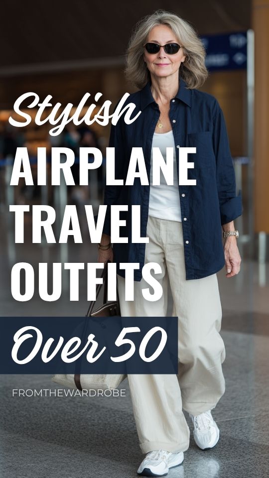 woman over 50 wearing an airplane travel outfit with a navy blue button-up shirt layered over a white fitted tank top with soft beige wide-leg trousers, white leather sneakers