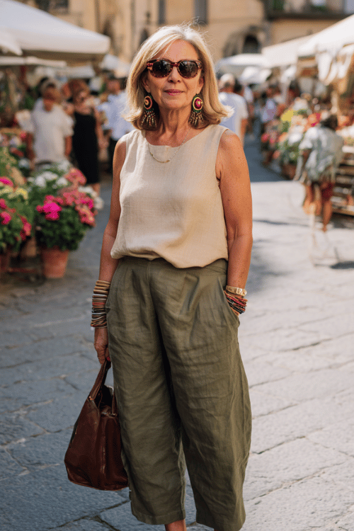 woman over 60 wearing a beige sleeveless blouse tucked into olive green linen trousers with brown slide sandals, statement earrings, stacked bracelets 