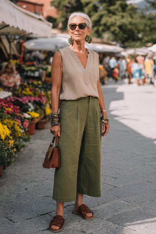 woman over 60 wearing a beige sleeveless blouse tucked into olive green linen trousers with brown slide sandals, statement earrings, stacked bracelets