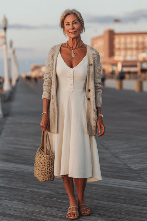 woman over 60 wearing a cream sleeveless midi dress layered with a lightweight beige cardigan, comfortable strappy sandals, delicate gold jewelry, and a woven handbag